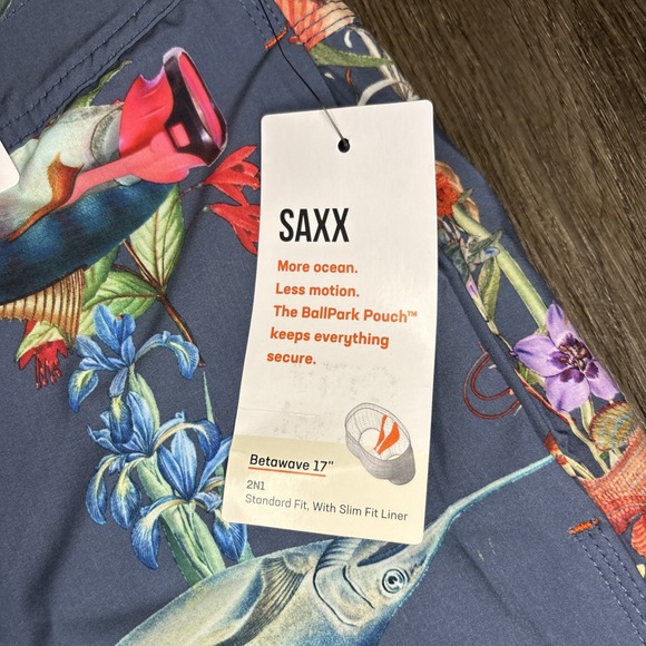 Saxx Betawave 2N1 Boardie 17" Men's 34 Swim Trunks Shorts Ballpark Pouch Fish - Picture 8 of 13